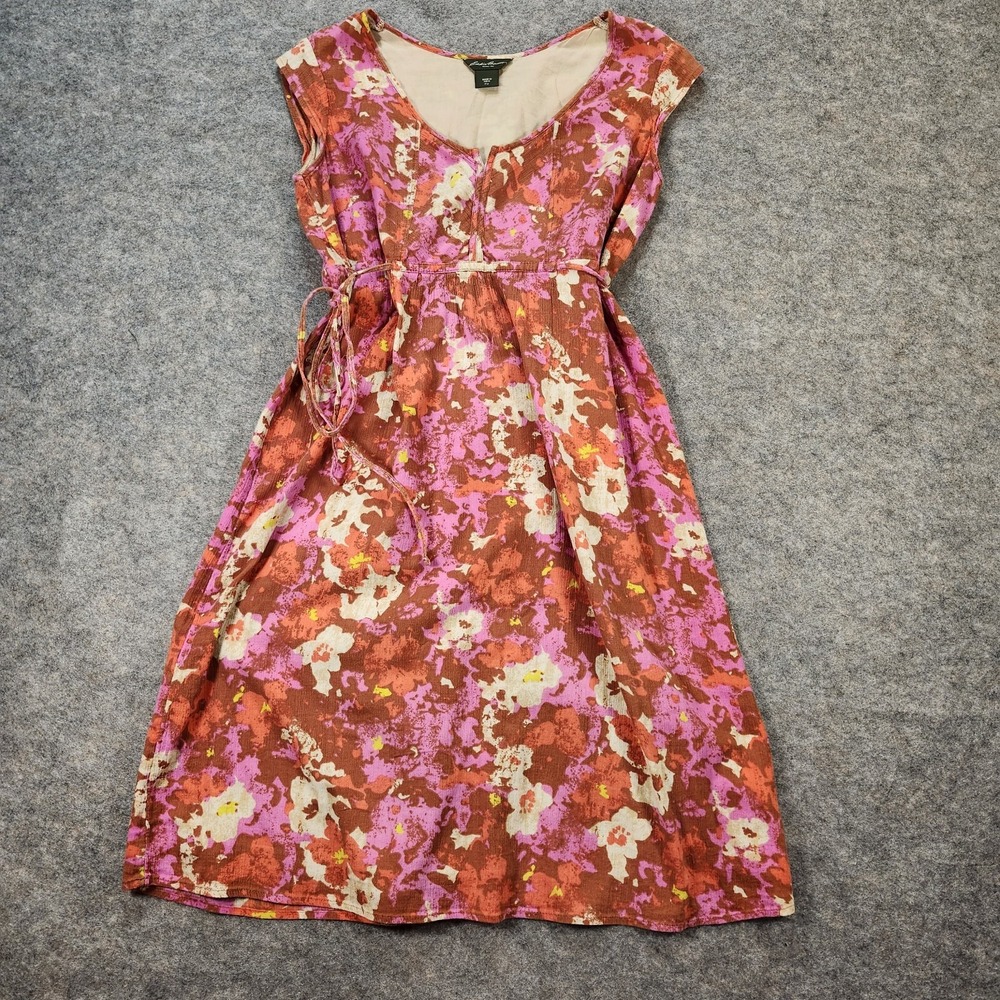 Eddie Bauer A-line Dress Women P12 Pink Orange Cap Sleeve Beachy Boho Floral